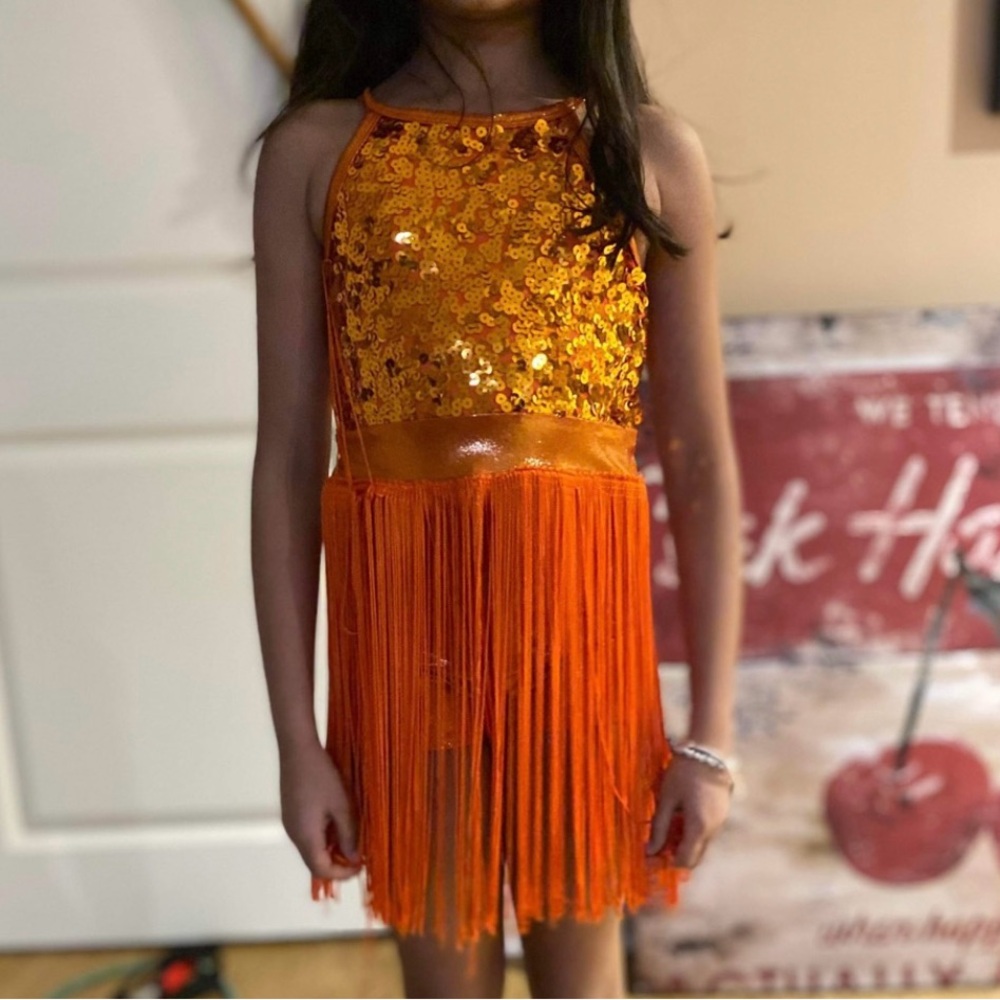 Sparkling Orange Fringe Kids dance Costume